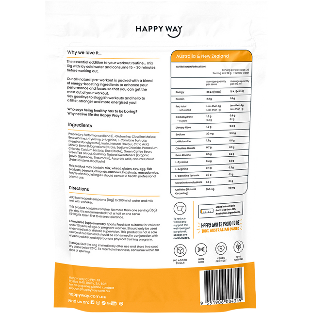 Happy Way passionfruit pre workout powder for strength stamina and gym performance