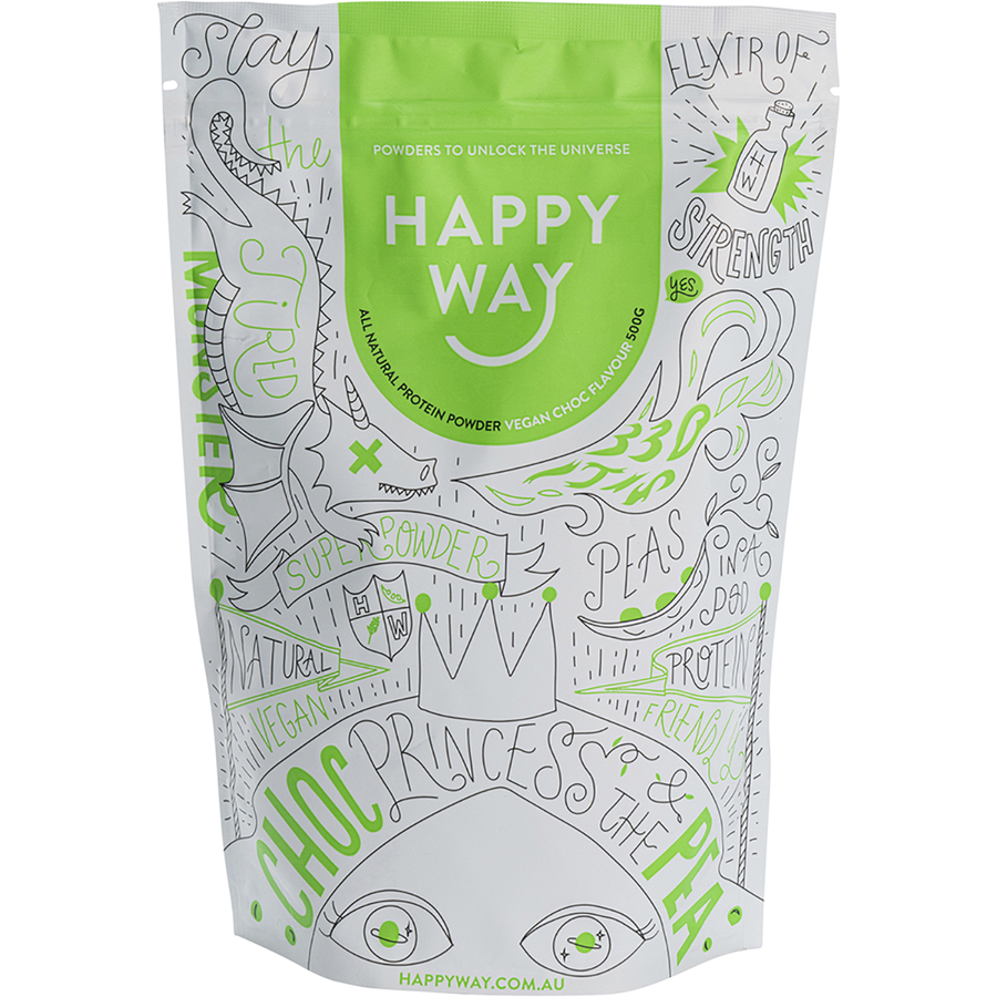 Happy Way pea protein powder chocolate plant based protein for smoothies and muscle support