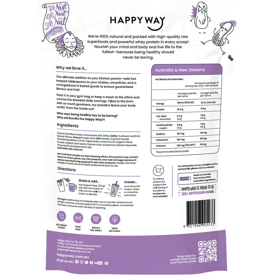 Happy Way whey protein powder peanut butter smooth flavour for shakes and daily nutrition