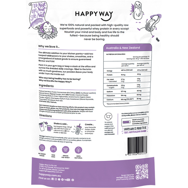 Happy Way whey protein powder peanut butter smooth flavour for shakes and daily nutrition