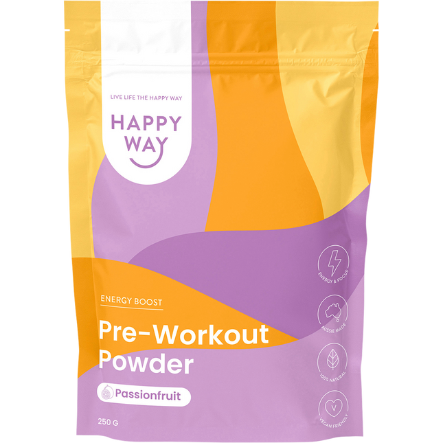 Happy Way pre workout passionfruit powder for energy focus and workout performance