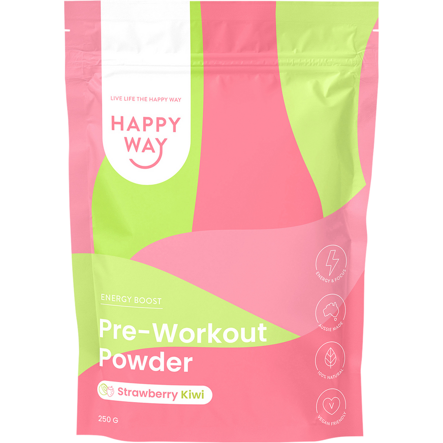 Happy Way pre workout powder strawberry kiwi for energy focus and workout performance