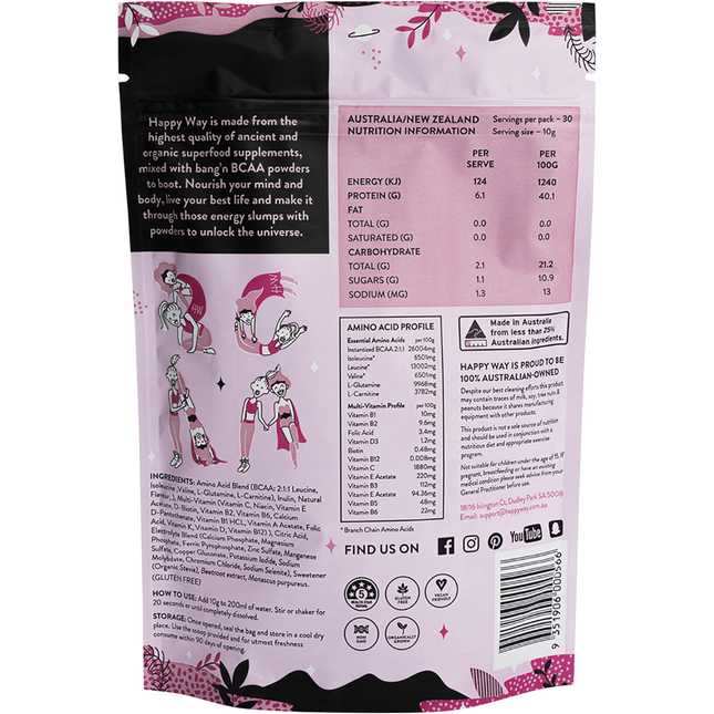 Happy Way BCAA powder raspberry amino acids for strength stamina and recovery
