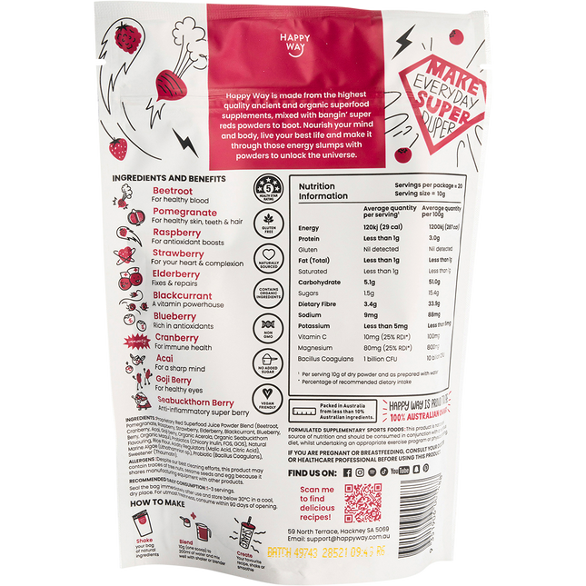 Happy Way super reds powder raspberry daily greens and reds superfood supplement