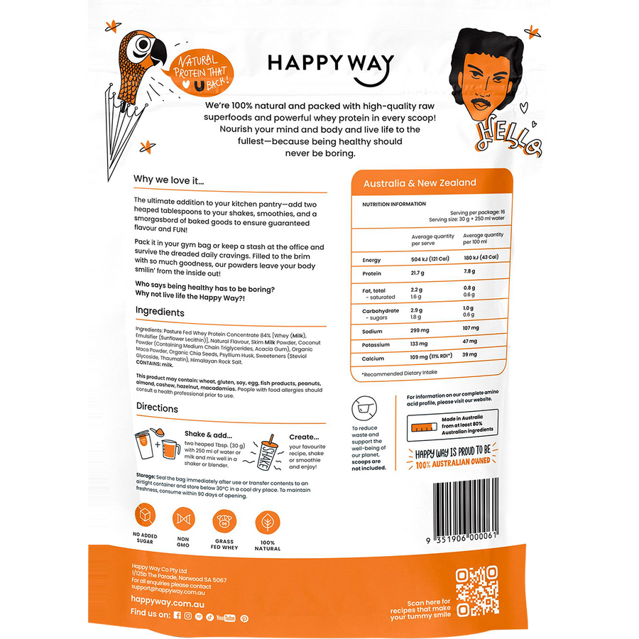Happy Way whey protein powder salted caramel smooth flavour for shakes and daily nutrition