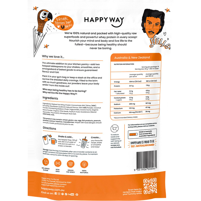 Happy Way whey protein powder salted caramel smooth flavour for shakes and daily nutrition