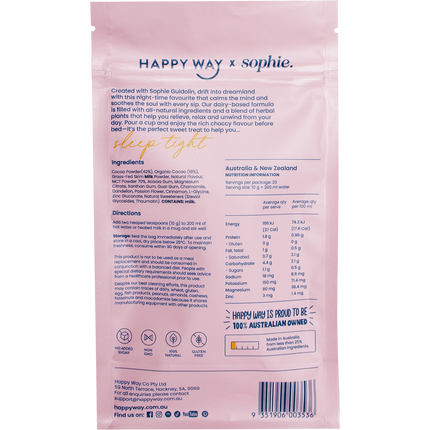 Happy Way Sophie's Sleep Tight Hot Choccy Whey smooth chocolate protein for evening routine