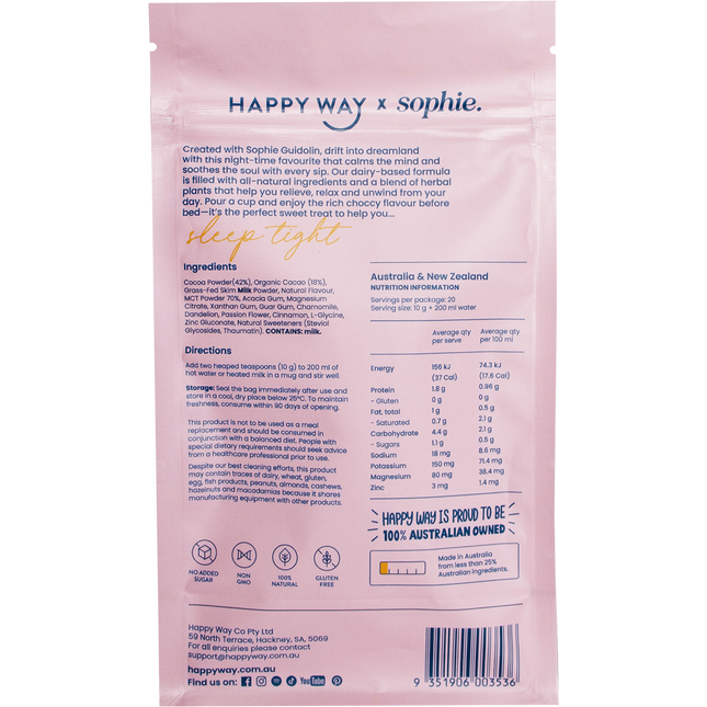 Happy Way Sophie's Sleep Tight Hot Choccy Whey smooth chocolate protein for evening routine