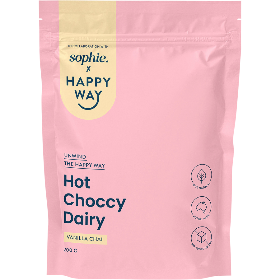 Happy Way Sophie's Hot Choccy Dairy Vanilla Chai creamy protein drink with warm spices