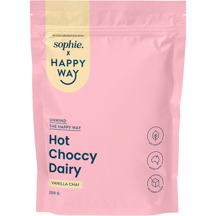 Happy Way Sophie's Hot Choccy Dairy Vanilla Chai creamy protein drink with warm spices