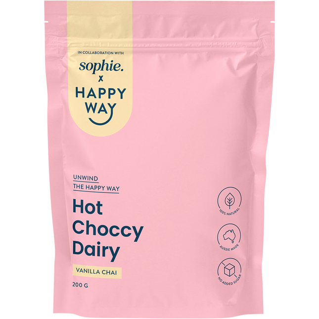 Happy Way Sophie's Hot Choccy Dairy Vanilla Chai creamy protein drink with warm spices