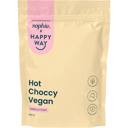 Happy Way Sophie's Hot Choccy Vegan Vanilla Chai dairy free protein drink with warm spices