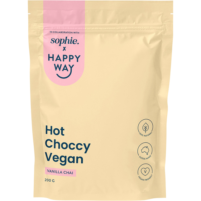 Happy Way Sophie's Hot Choccy Vegan Vanilla Chai dairy free protein drink with warm spices