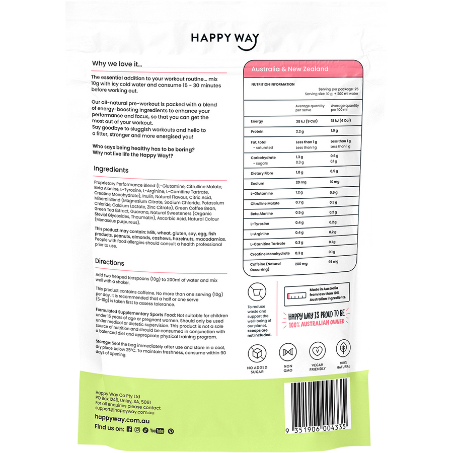 Happy Way pre workout powder strawberry kiwi for strength stamina and gym performance
