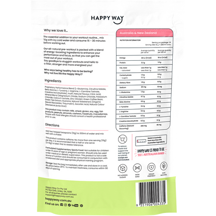 Happy Way pre workout powder strawberry kiwi for strength stamina and gym performance