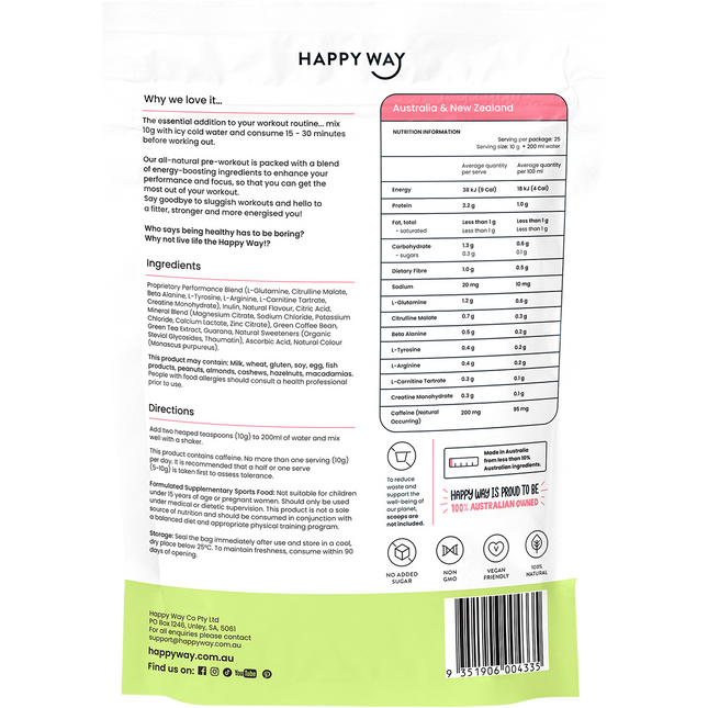 Happy Way pre workout powder strawberry kiwi for strength stamina and gym performance