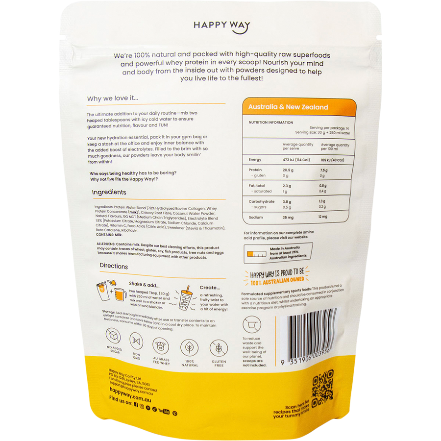 Happy Way whey protein water Tropical Crush refreshing protein hydration beverage