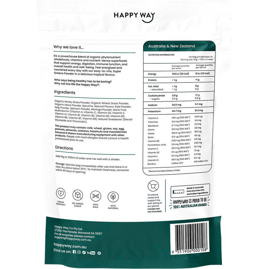 Happy Way super greens powder tropical plant based greens supplement for energy and vitality