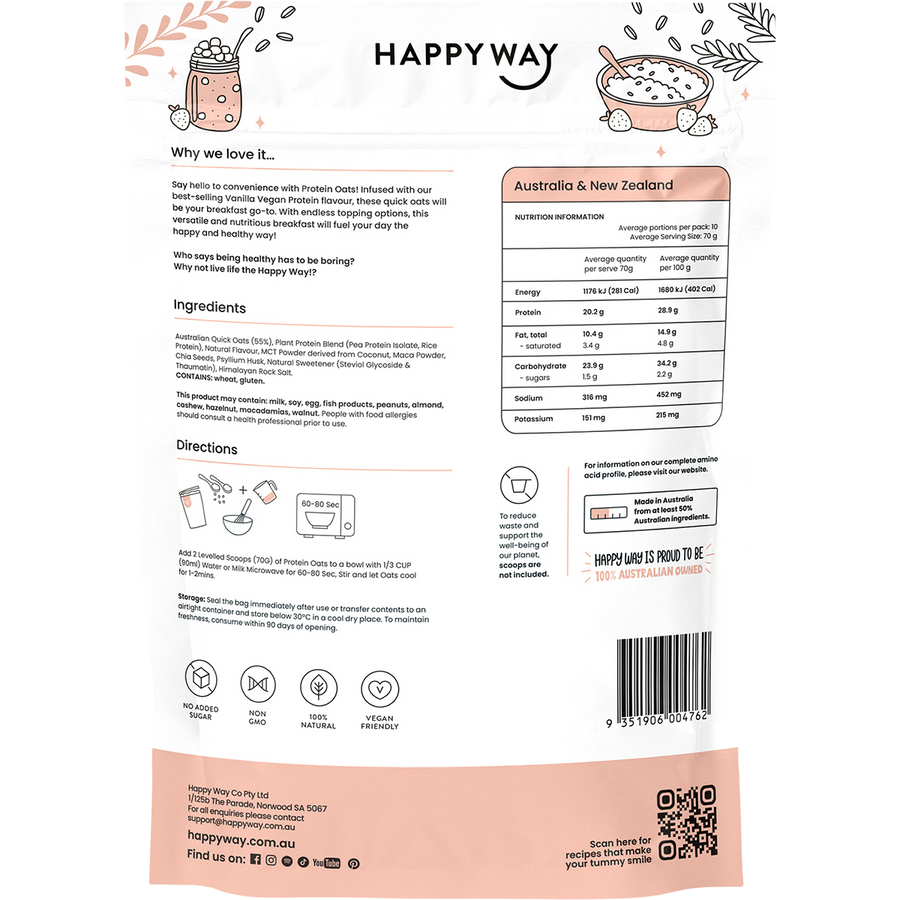 Happy Way vegan protein quick oats vanilla dairy free protein for daily nutrition and recovery