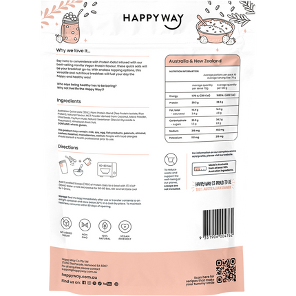Happy Way vegan protein quick oats vanilla dairy free protein for daily nutrition and recovery