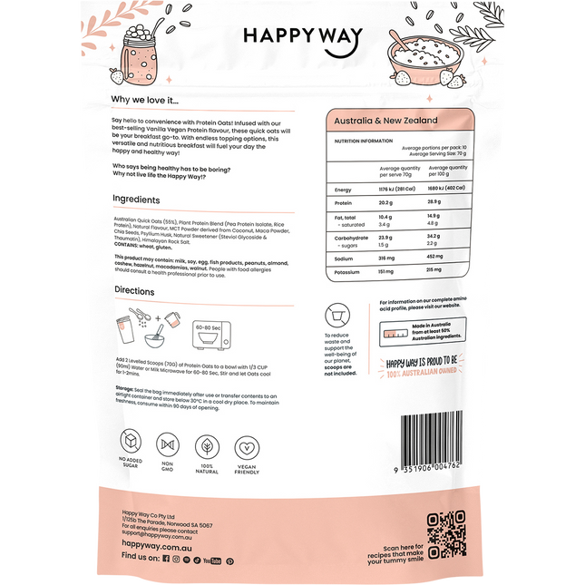 Happy Way vegan protein quick oats vanilla dairy free protein for daily nutrition and recovery