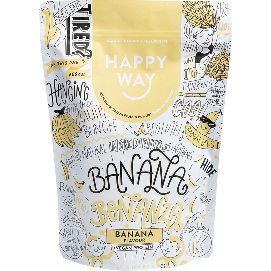 Happy Way vegan protein powder banana plant based protein for shakes and muscle support
