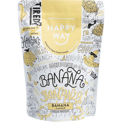 Happy Way vegan protein powder banana plant based protein for shakes and muscle support