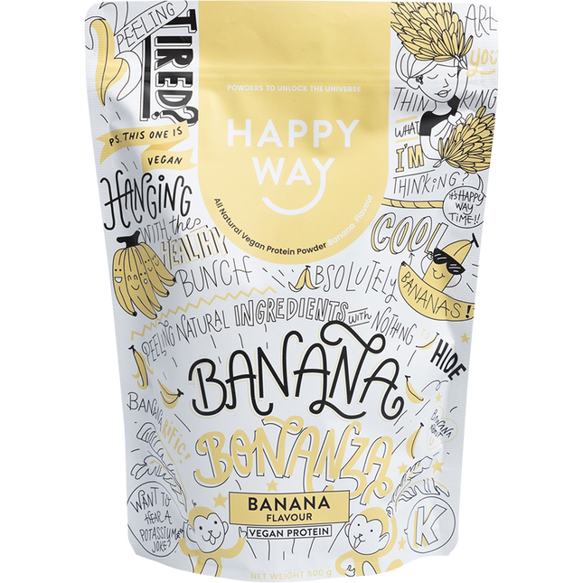 Happy Way vegan protein powder banana plant based protein for shakes and muscle support