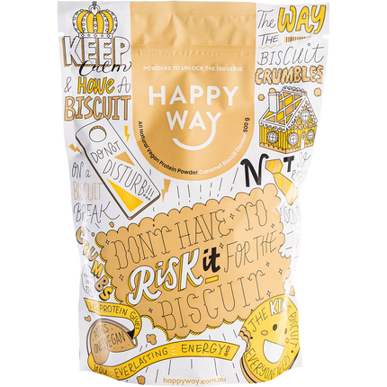 Happy Way vegan protein powder caramel biscuit plant based protein for muscle recovery