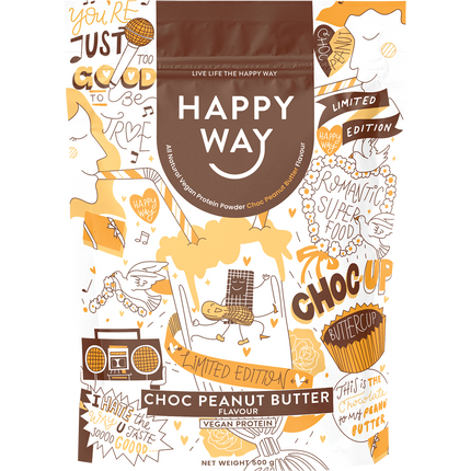 Happy Way vegan protein powder choc peanut butter plant based protein for shakes and recovery