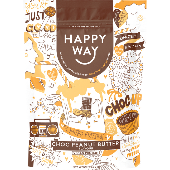 Happy Way vegan protein powder choc peanut butter plant based protein for shakes and recovery