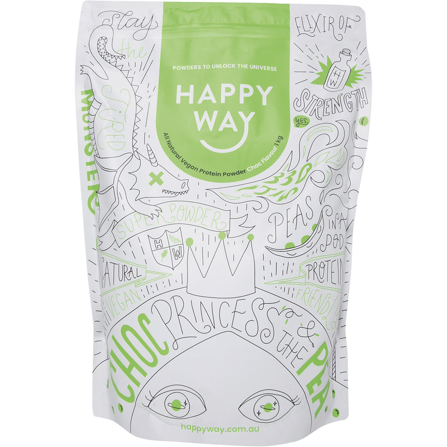 Happy Way vegan protein powder chocolate plant based protein for shakes and muscle support