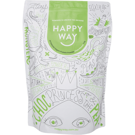 Happy Way vegan protein powder chocolate plant based protein for shakes and muscle support