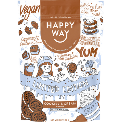 Happy Way vegan protein powder cookies and cream plant based protein for recovery and daily nutrition