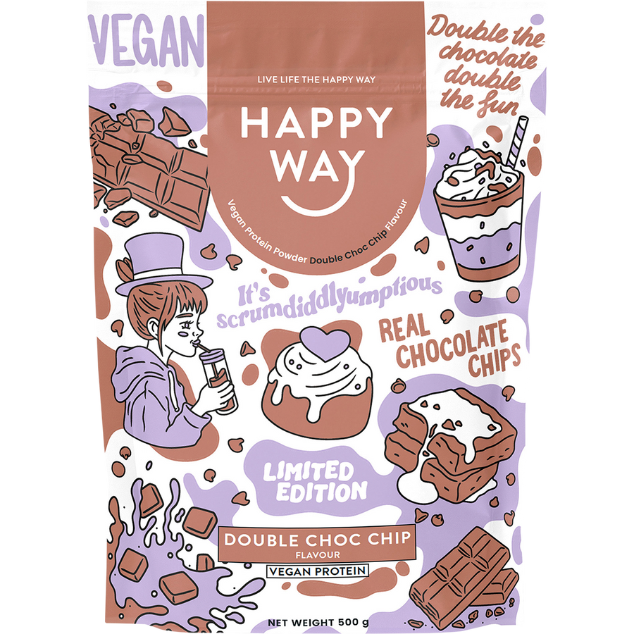 Happy Way vegan protein powder double choc chip plant based protein for recovery and muscle support