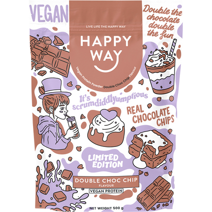 Happy Way vegan protein powder double choc chip plant based protein for recovery and muscle support
