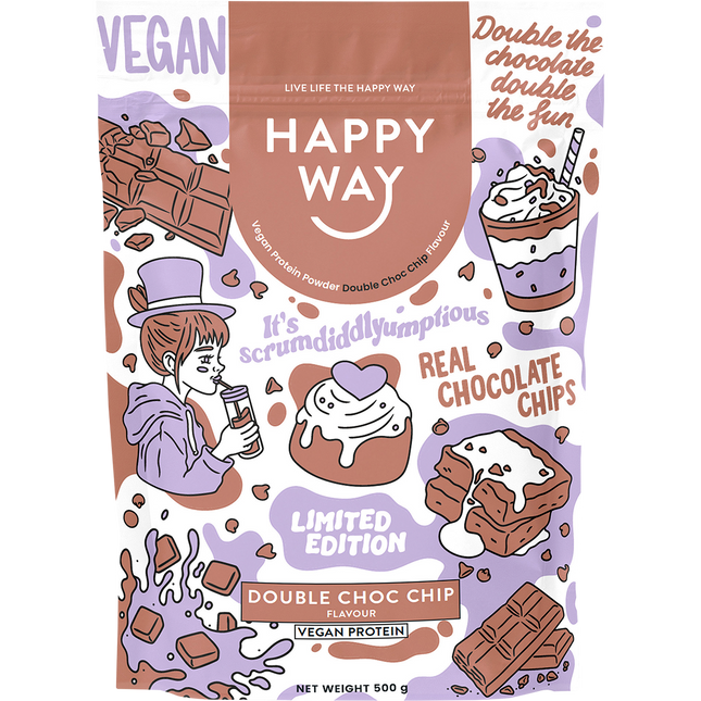 Happy Way vegan protein powder double choc chip plant based protein for recovery and muscle support