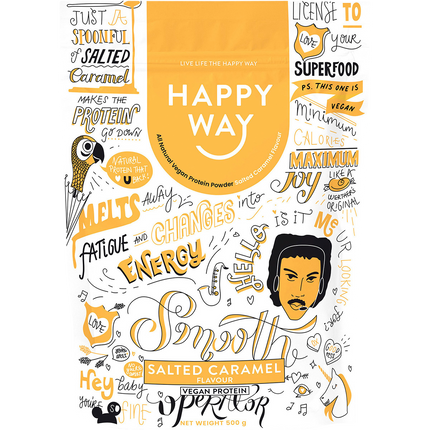 Happy Way vegan protein powder salted caramel plant based protein for shakes and recovery