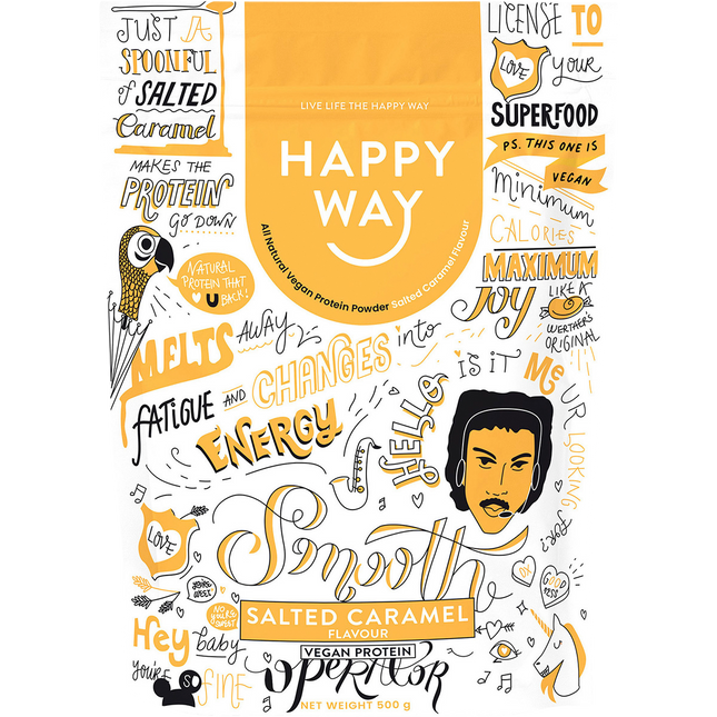 Happy Way vegan protein powder salted caramel plant based protein for shakes and recovery