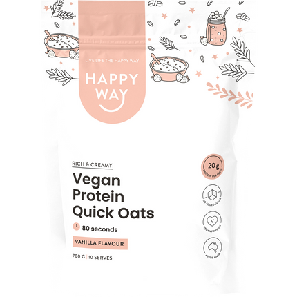 Happy Way vegan protein quick oats vanilla plant based high protein breakfast option