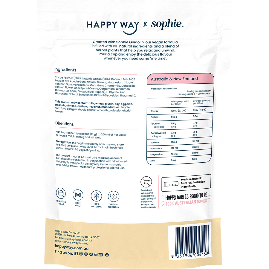 Happy Way Sophie's Hot Choccy Vegan Vanilla Chai smooth plant based protein beverage