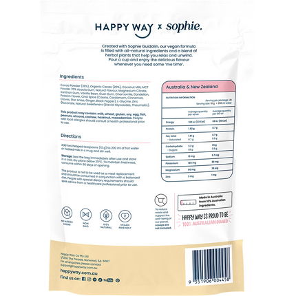 Happy Way Sophie's Hot Choccy Vegan Vanilla Chai smooth plant based protein beverage