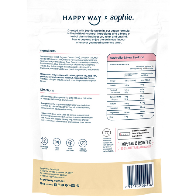 Happy Way Sophie's Hot Choccy Vegan Vanilla Chai smooth plant based protein beverage