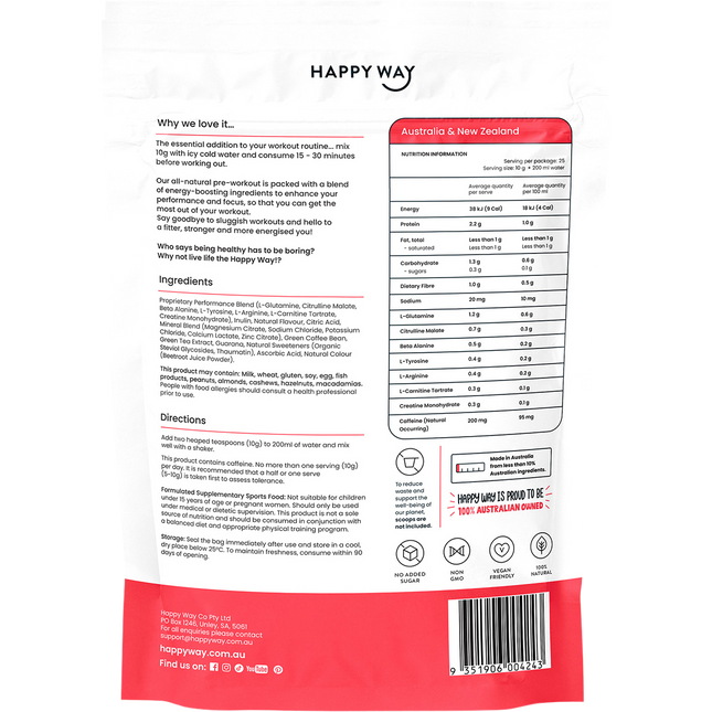 Happy Way watermelon pre workout powder for strength stamina and gym performance