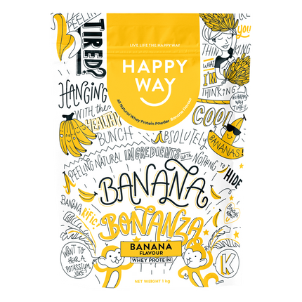 Happy Way whey protein powder banana for muscle recovery and lean protein intake