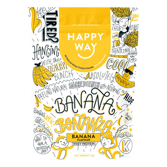 Happy Way whey protein powder banana for muscle recovery and lean protein intake