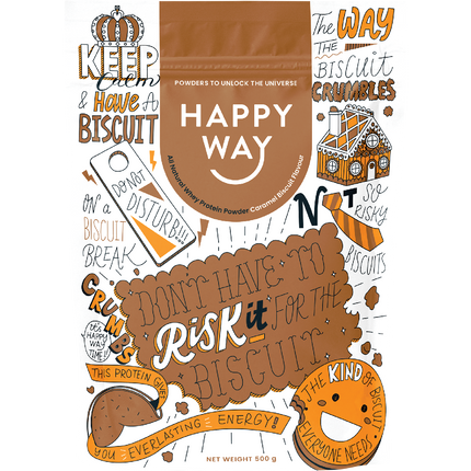 Happy Way whey protein powder caramel biscuit for muscle recovery and lean protein intake
