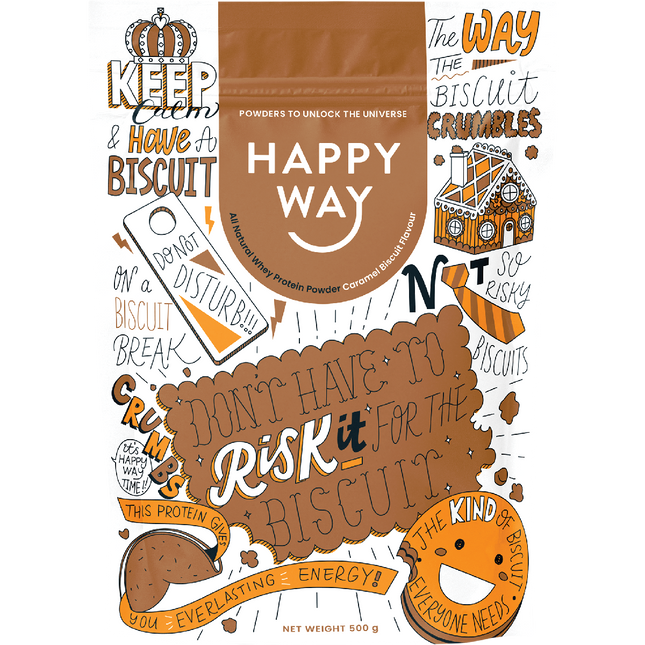 Happy Way whey protein powder caramel biscuit for muscle recovery and lean protein intake