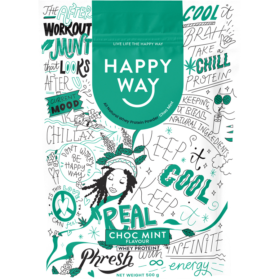 Happy Way whey protein powder choc mint for muscle recovery and lean protein support