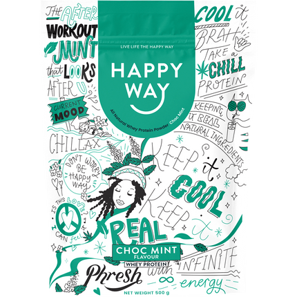 Happy Way whey protein powder choc mint for muscle recovery and lean protein support